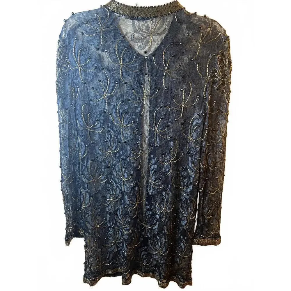Scala Evening Wear Sheer Beaded Lace Vintage Long Cardigan Jacket Size Small